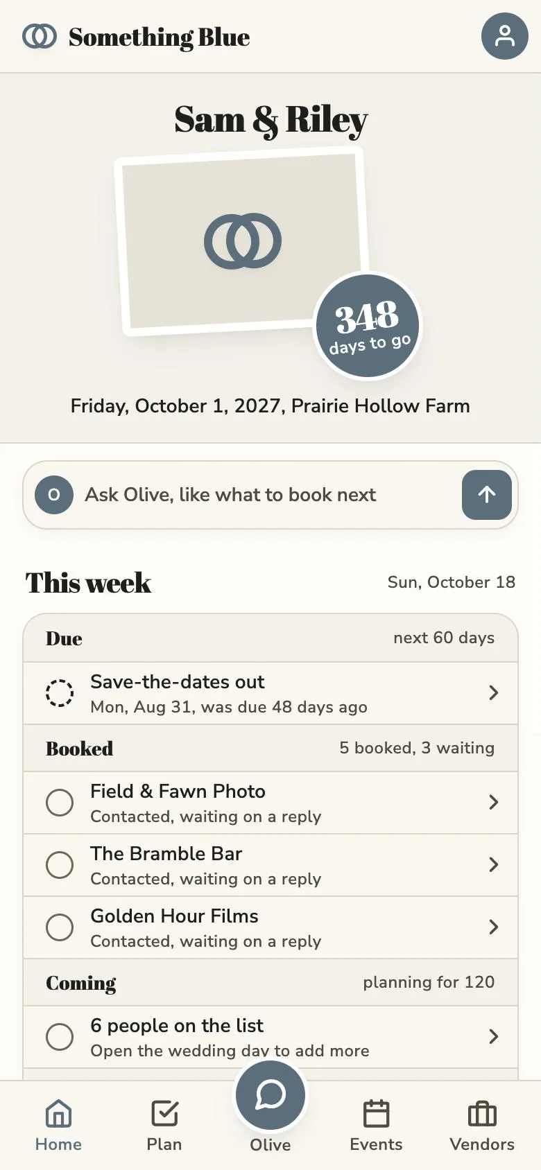 The Home screen, with the couple's names, a countdown to the wedding and a box to ask Olive