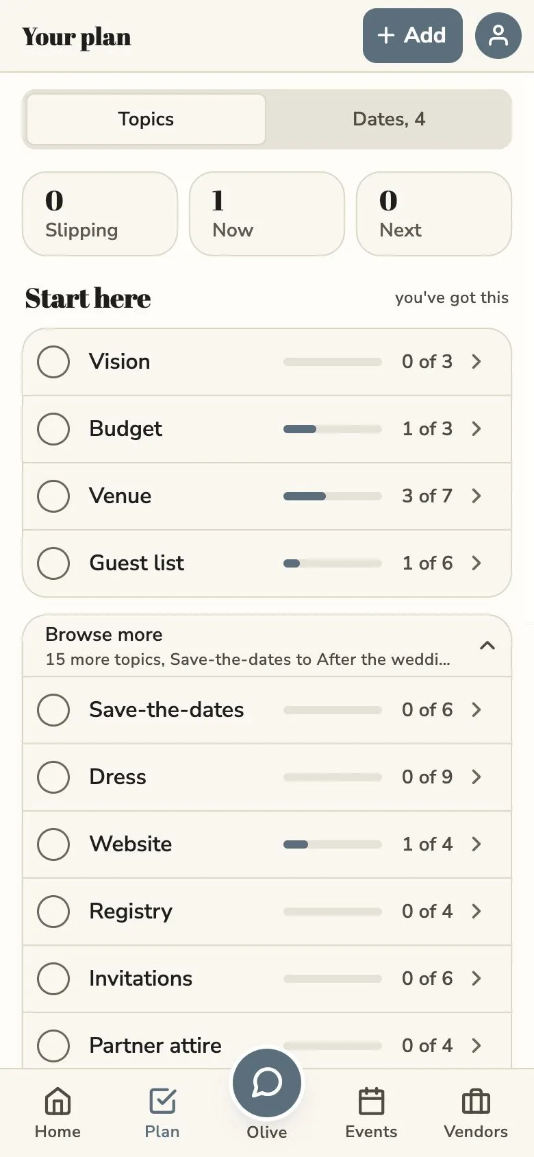 The Your plan screen, with checklists for Vision, Budget, Venue and Guest list and counts for what is slipping, now and next